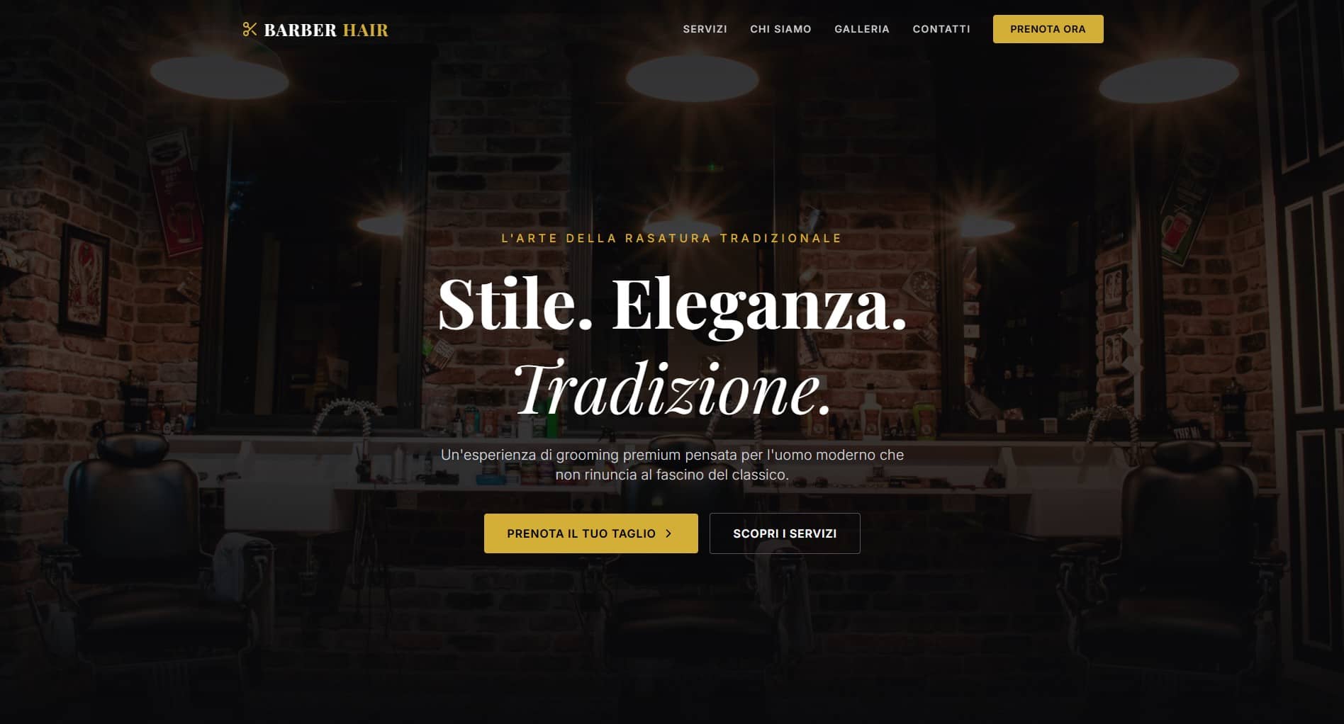 Screenshot del sito Barberia Acciaio con layout raffinato su toni scuri