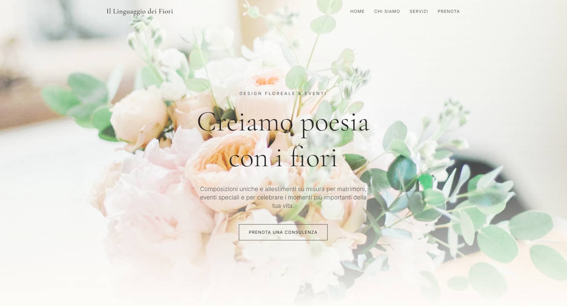 Screenshot del sito Fiori e Radici, atelier floristico con layout elegante